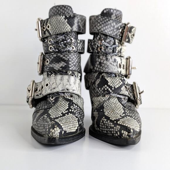 Jeffrey Campbell Caceres Multi-Buckle Snakeskin Leather Ankle Boots 6.5 Gray - Picture 5 of 16